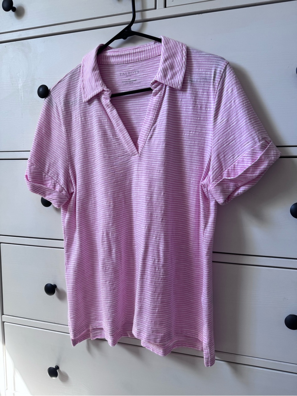 Talbots Pink & White Striped Short Sleeve V Neck Polo Tee Petite Large